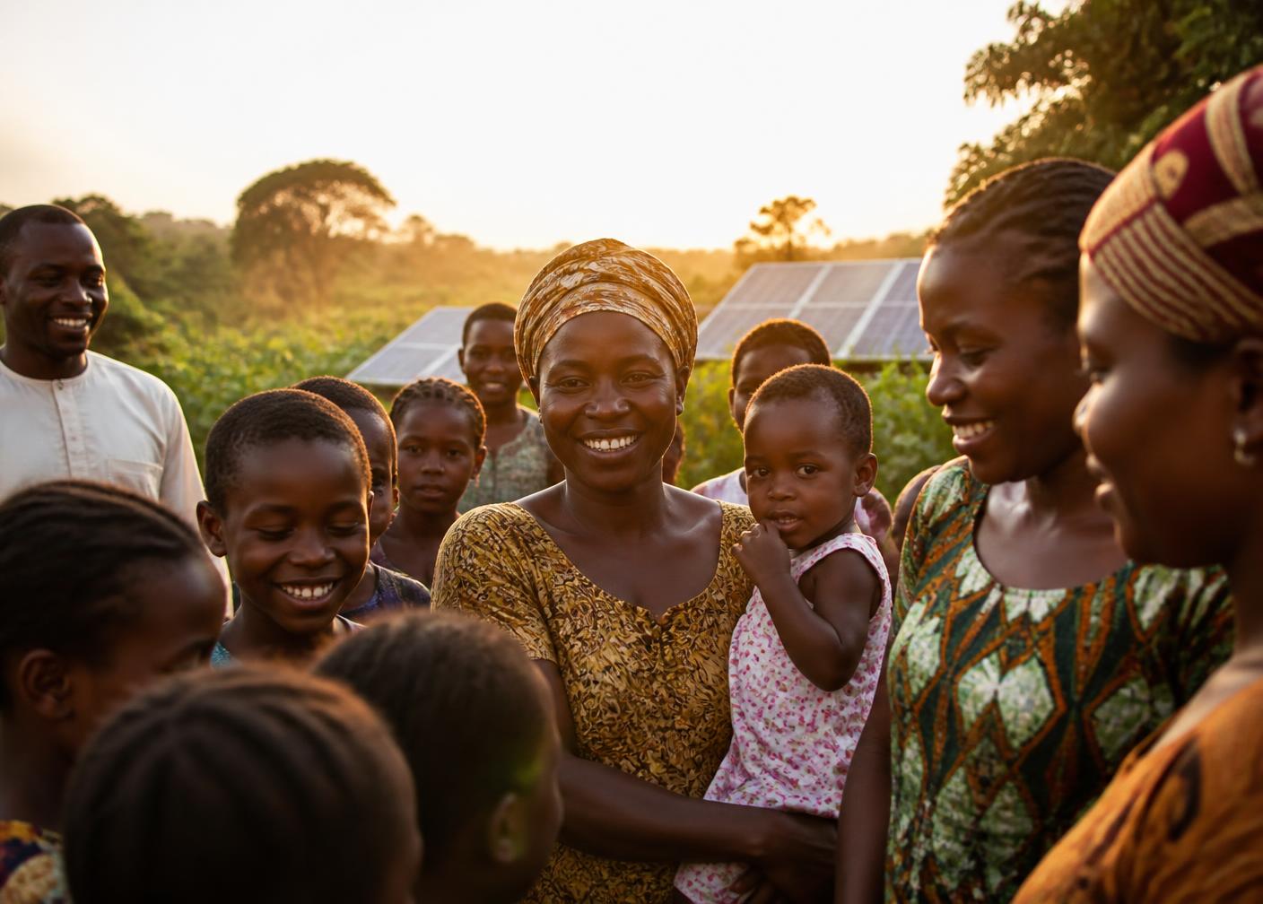 A Nigerian community gathered together at golden hour