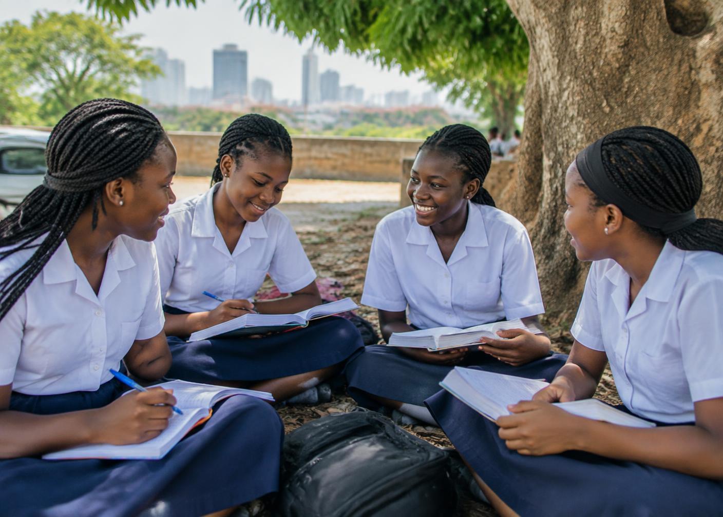 Schoolgirls studying together under a tree in Lagos